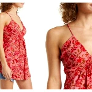 NWT Free People Pixie Cross Back Tunic Top Floral Pink Coral Combo, sz Small